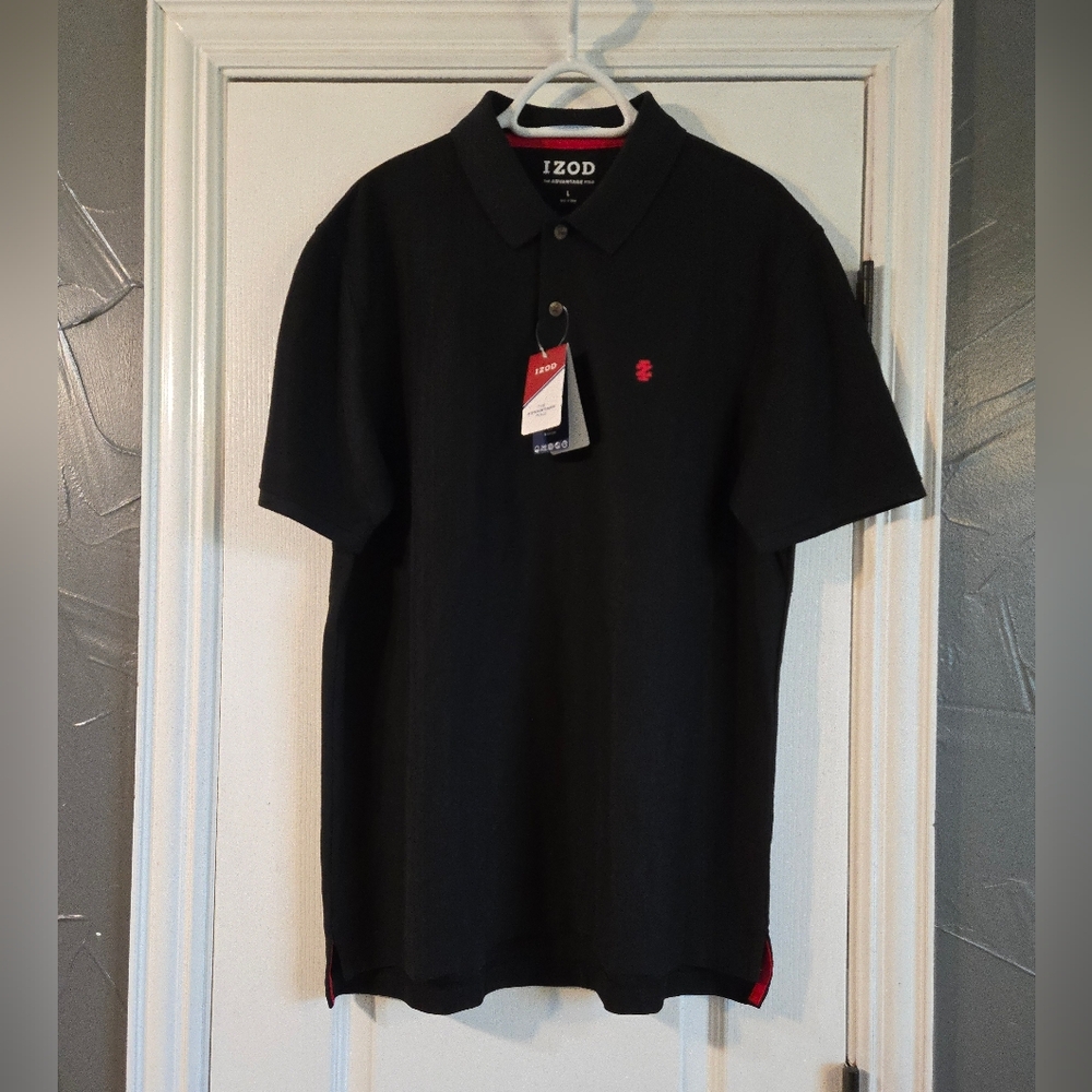 NWT Izod 'The Advantage Polo' Large Black Shirt with Red Logo UFP-15 Sun Protect